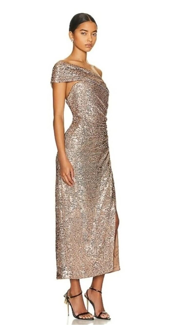 NEW SIMKHAI Zay Hammered Sequin Midi Dress 4 NWT Latte Bronze Brown One Shoulder